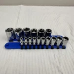 Kobalt 1/2-IN Drive Metric Shallow Socket Set 5MM-19MM 16PC Rail Holder Tool. Fixed Price $24.99.