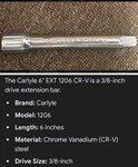 Carlyle 6" 1206 Cr-v 1/2 Drive Socket Extension Bar By Napa Tools Usa. Fixed Price $18.00.
