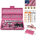 Stylish 46-PIECE Socket Ratchet Set Pink Chrome Vanadium Excellence. Fixed Price $39.99.