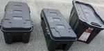 Husky 40 Gallon Rolling Storage Tote, Lidded Wheeled Black Plastic 3 Pack. Fixed Price $200.00.