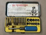 Vintage Kmart 25 Pc Ratchet Screwdriver Hex Key Socket Set Auto Tool Metal Case. Fixed Price $17.99.
