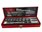 Vtg Husky Professional 1/4 3/8 Dr. 24PC Sae Socket Set 40005 Usa Red Metal Box. Fixed Price $44.95.