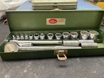 Sk Wayne 3/8" Ratchet And 1/4 Drive Sockets 19 Pcs In Green Metal Box Great Cond. Fixed Price $85.00.